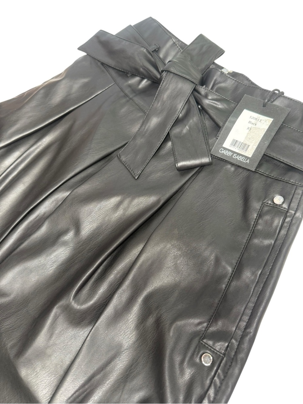 Gabby Isabella Black Faux Leather Midi Skirt with Tie Waist Detail